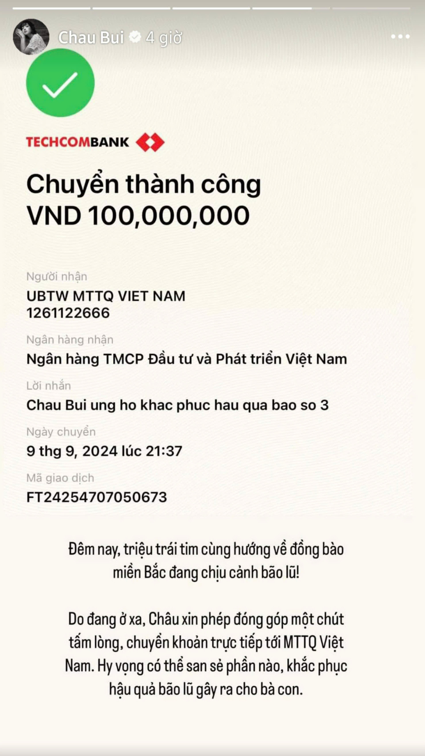 Châu Bùi hướng về người dân miền Bắc.