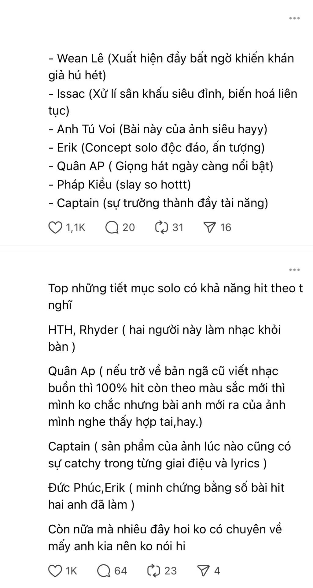 Nhiều dự đoán khác nhau từ netizen về màn trình diễn solo của 16 nghệ sĩ.