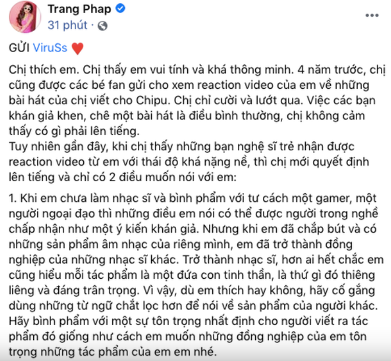 Trang Pháp đăng tâm thư dài gửi ViruSs sau khi xem những video reaction. Trang Pháp đăng tâm thư dài gửi ViruSs sau khi xem những video reaction.