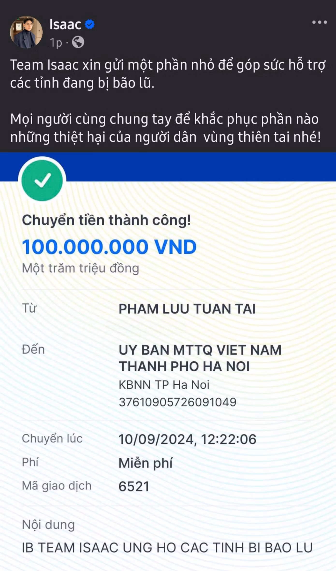 Ca sĩ Isaac ủng hộ cá nhân và kêu gọi mọi người cùng chung tay hỗ trợ người dân vượt qua giai đoạn khó khăn.