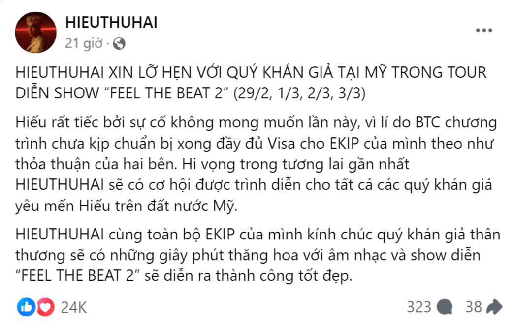 HIEUTHUHAI xác nhận không thể tham dự chuyến lưu diễn tại Mỹ. HIEUTHUHAI xác nhận không thể tham dự chuyến lưu diễn tại Mỹ.
