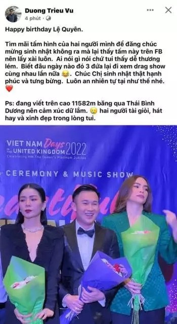 Dòng trạng thái cùng bức ảnh Dương Triệu Vũ đăng chúc mừng sinh nhật Lệ Quyên. Dòng trạng thái cùng bức ảnh Dương Triệu Vũ đăng chúc mừng sinh nhật Lệ Quyên.