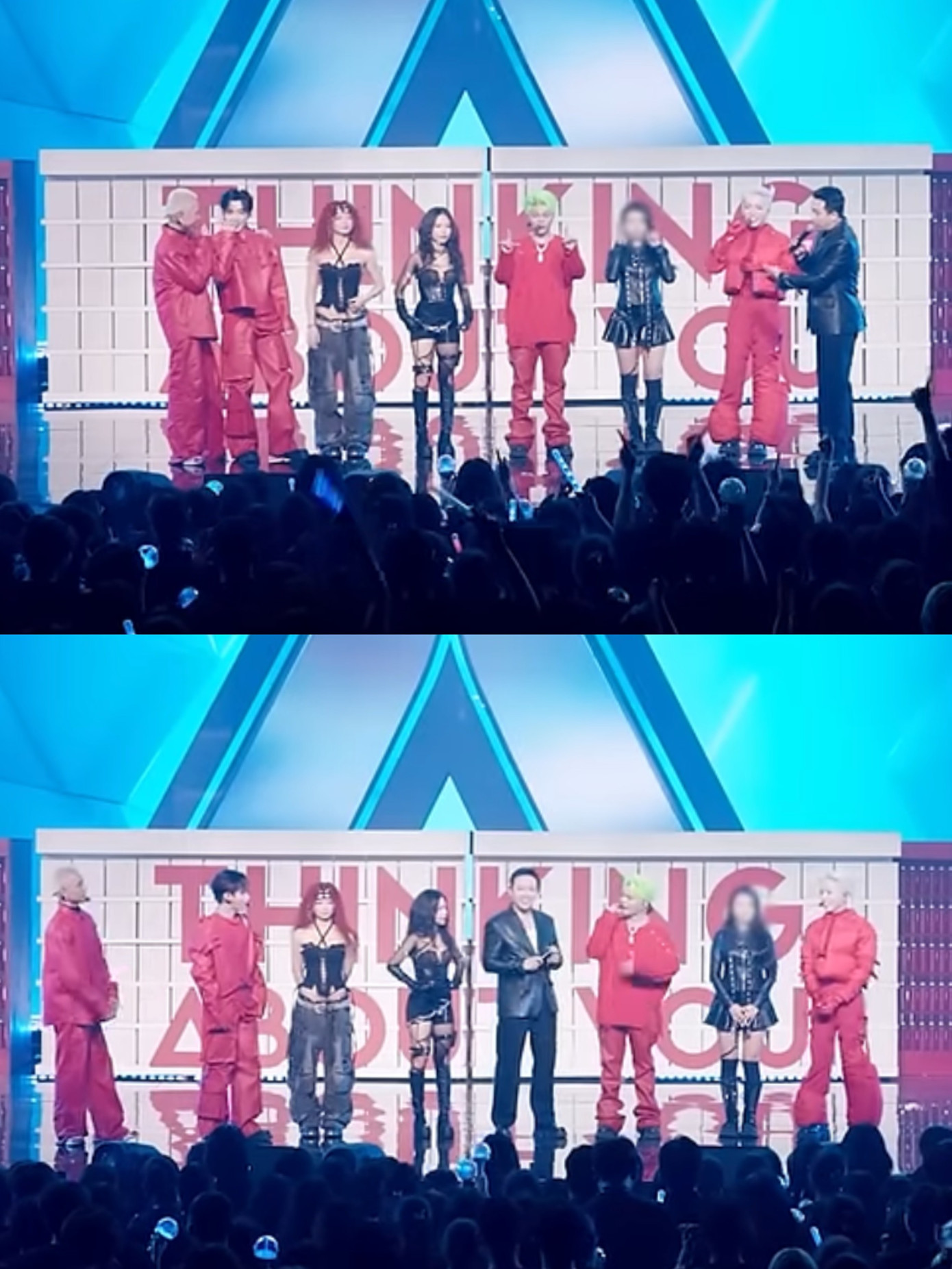 Hai người đẹp cũng có giây phút đứng lại sân khấu cùng các nghệ sĩ tuy nhiên lại không có cảnh phát biểu, thậm chí một trong hai người còn bị làm mờ đi gương mặt.