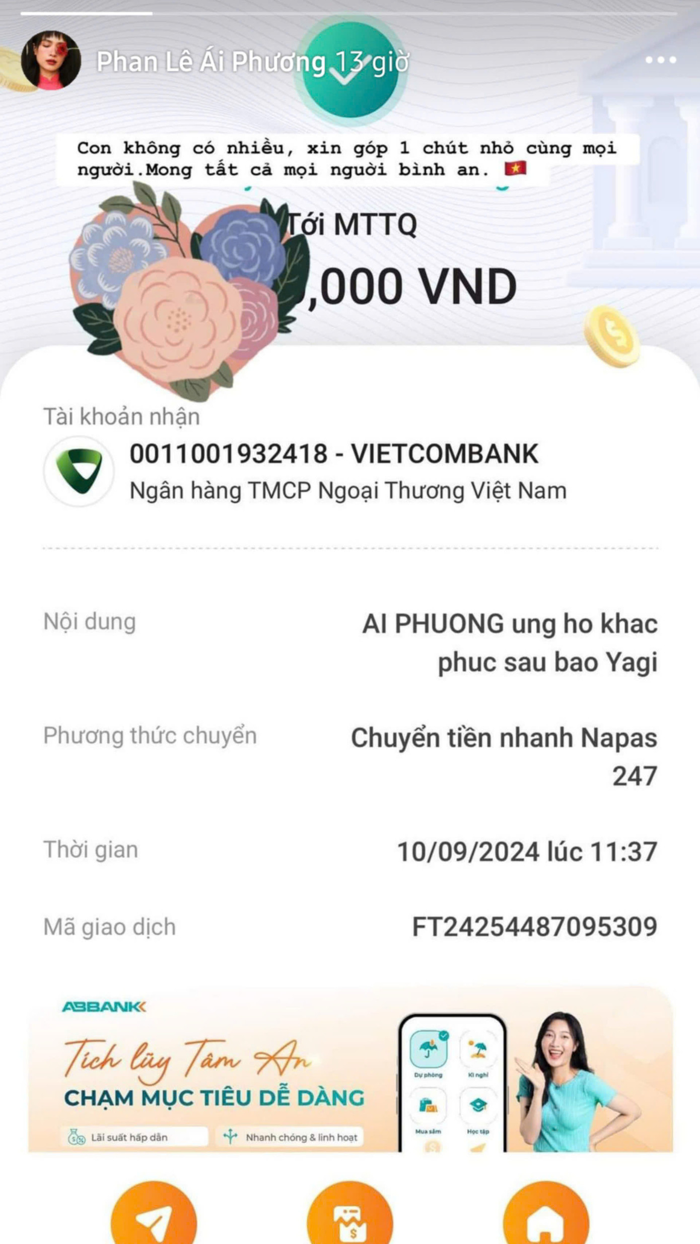 Ca sĩ Ái Phương ủng hộ miền Bắc khắc phục hậu quả do bão lũ gây ra. Ca sĩ Ái Phương ủng hộ miền Bắc khắc phục hậu quả do bão lũ gây ra.