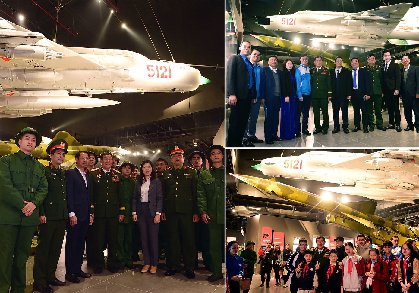 Trung tướng Phạm Tuân cùng các đại biểu, thanh thiếu nhi và tân binh chụp ảnh bên máy bay MiG-21 số hiệu 5121 tại Bảo tàng Lịch sử Quân sự Việt Nam. Ảnh: Xuân Tùng