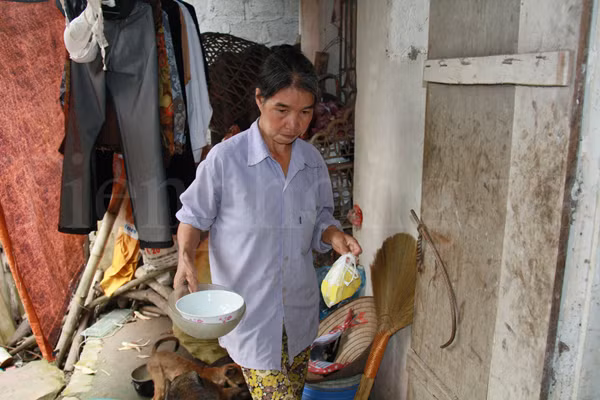 Bữa trưa của hai mẹ con Đích chỉ có một bát đậu giá năm nghìn đồng mua ở chợ, nửa bó rau muống luộc và một bát nước mắm. Ảnh: Trường Phong