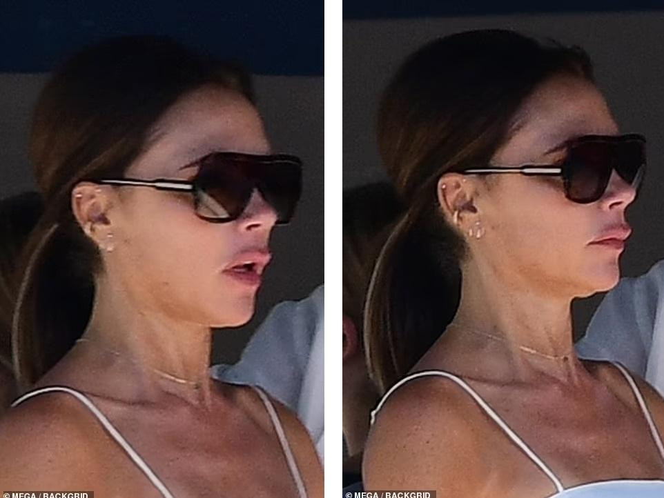 Bà mẹ 4 con không trang điểm cho thấy mặt mộc tươi tắn, trẻ trung với làn da mịn màng. Tuy nhiên, đôi môi của cô lại khá bất thường vì hơi sưng và môi trên bị tều ra. Nhiều dân mạng đặt câu hỏi liệu Victoria đã tiêm filler (chất làm đầy) vào môi.