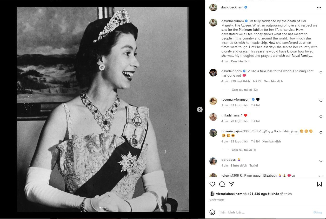 David Beckham tiếc thương trước sự ra đi của Nữ hoàng Anh. David Beckham tiếc thương trước sự ra đi của Nữ hoàng Anh.