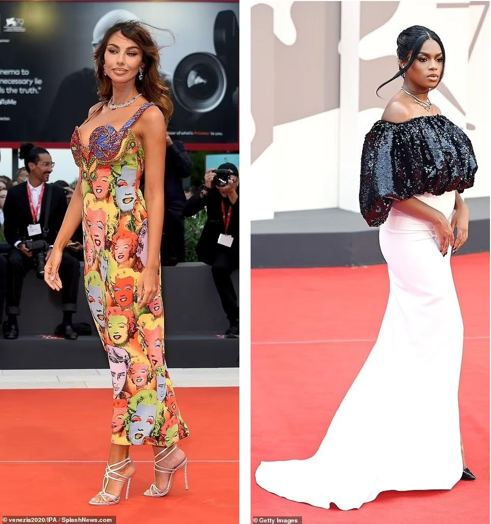 Nữ diễn viên "House of Gucci" Madalina Ghenea (trái) chọn một chiếc váy in hình khuôn mặt của Marilyn. Trong khi đó, Kate Green mặc một chiếc váy trắng với phần trên được đính sequin đen