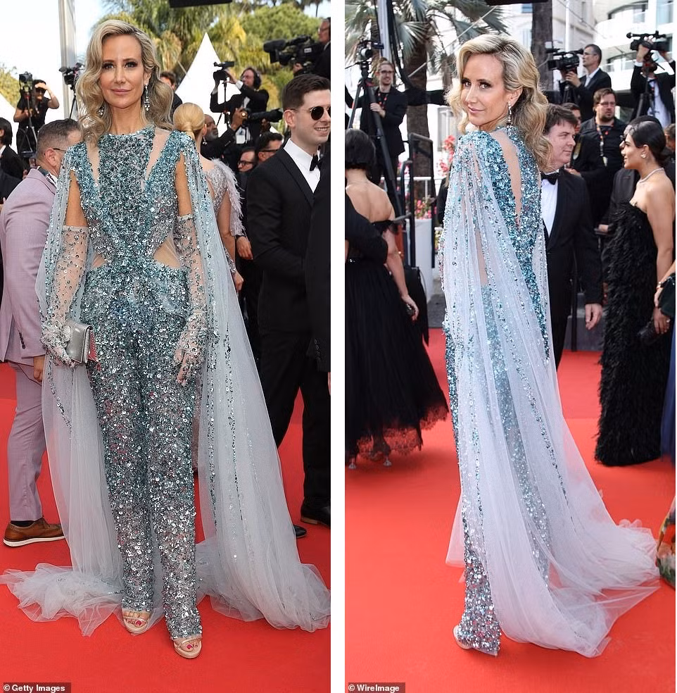 Quý bà Victoria Hervey trông hơi rối mắt với bộ jumpsuit lấp lánh. Ảnh: WireImages/Getty Images.
