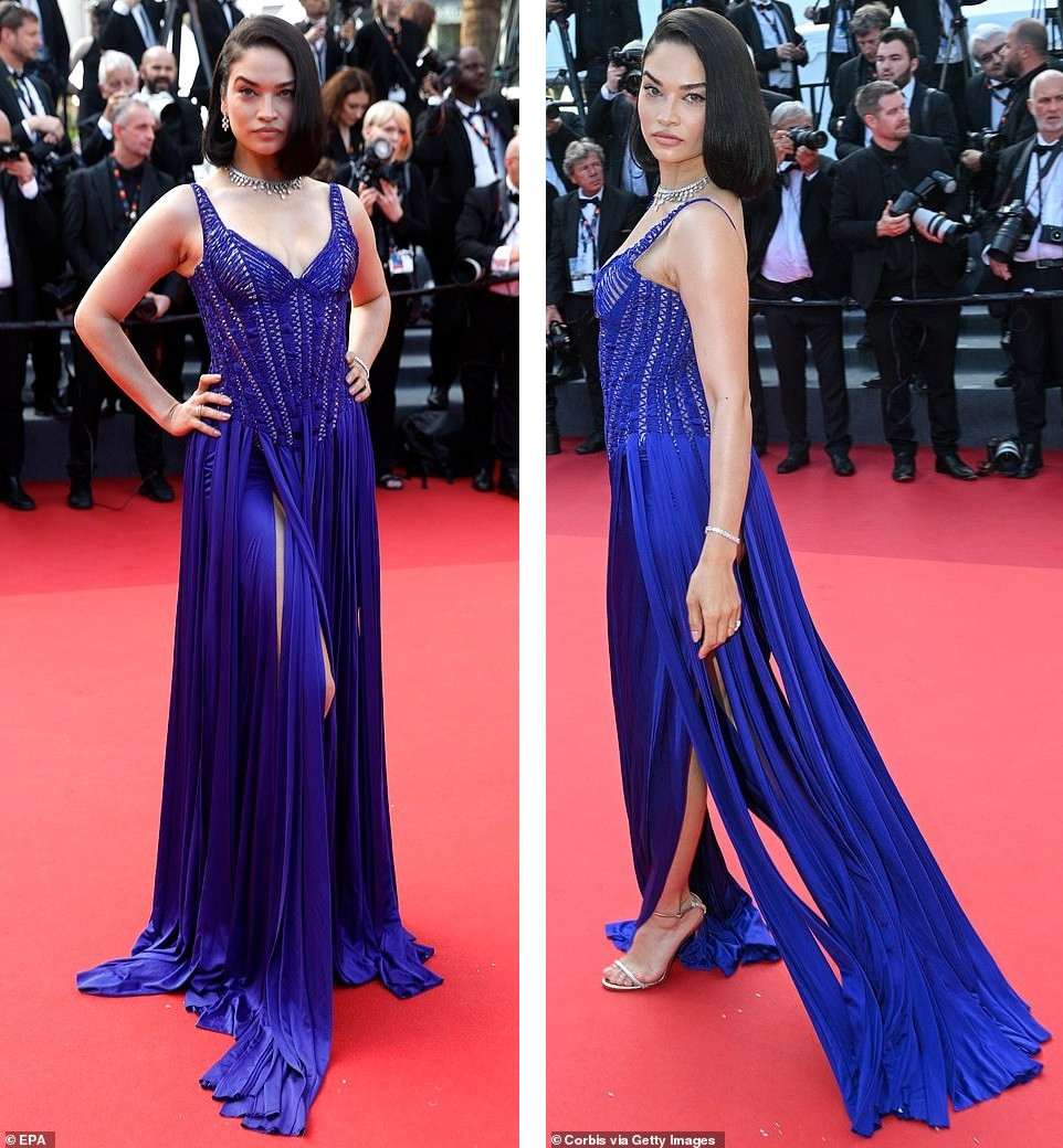 Người mẫu Australia Shanina Shaik tạo dáng trong chiếc váy Couture Nicolas Jebran SS23 màu xanh hoàng gia. Ảnh: EPA/Getty Images.