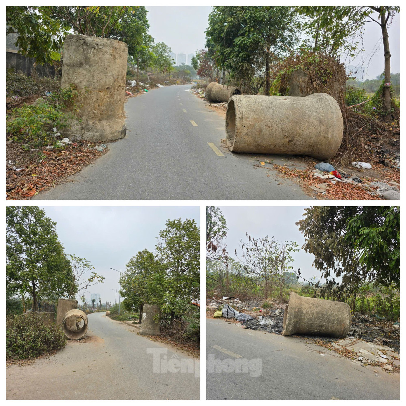 Có nhiều nguyên nhân khiến dự án chậm tiến độ, ví như công tác GPMB gặp khó khăn. Ngoài ra, UBND thành phố bổ sung thêm hạng mục “Nút giao hoàn chỉnh giữa tuyến đường số 1 và đường 70” (trước đây dự án cũ chỉ có cầu vượt trực thông), hạng mục tuyến ống nước sạch D400 và một số hạng mục khác (ảnh: Các ống cống lớn được đơn vị thi công đặt tại một số vị trí tuyến đường để ngăn ô tô di chuyển).