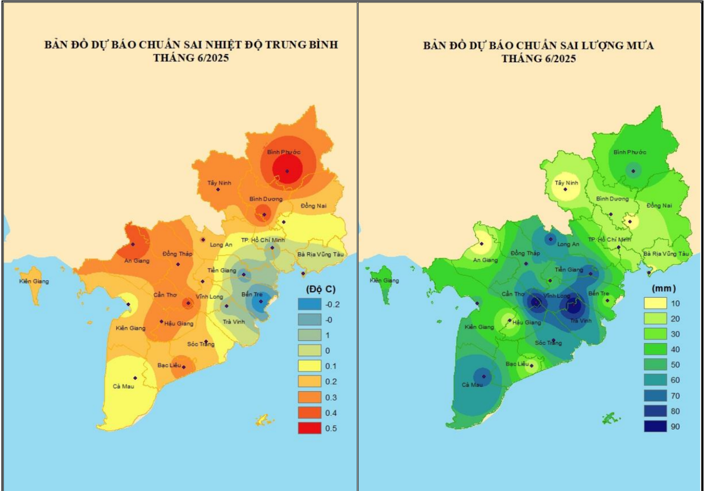 Bản đồ dự báo nhiệt độ và lượng mưa ở Nam bộ trong tháng 6. Nguồn: Đài Khí tượng Thủy văn Nam bộ và Tây Nguyên