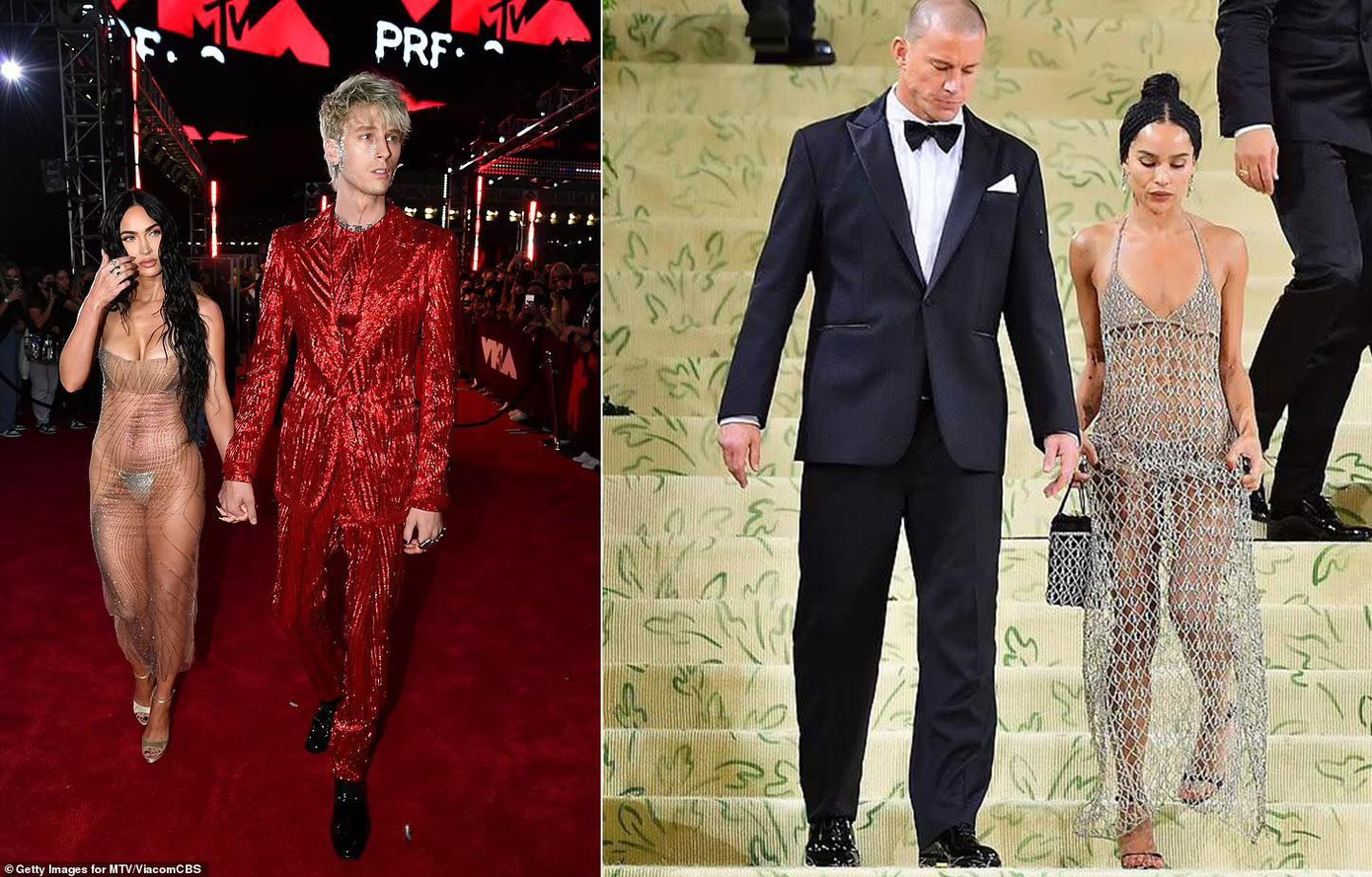 Megan Fox tay trong tay bạn trai Machine Gun Kelly ở VMAs 2021 và Zoe Kravitz cùng bạn trai tin đồn Channing Tatum dự sự kiện Met Gala diễn ra ở New York (Mỹ). Trang phục lộ gần trọn cơ thể của hai mỹ nhân Hollywood cũng bị khán giả chỉ trích vì khoe thân quá đà.