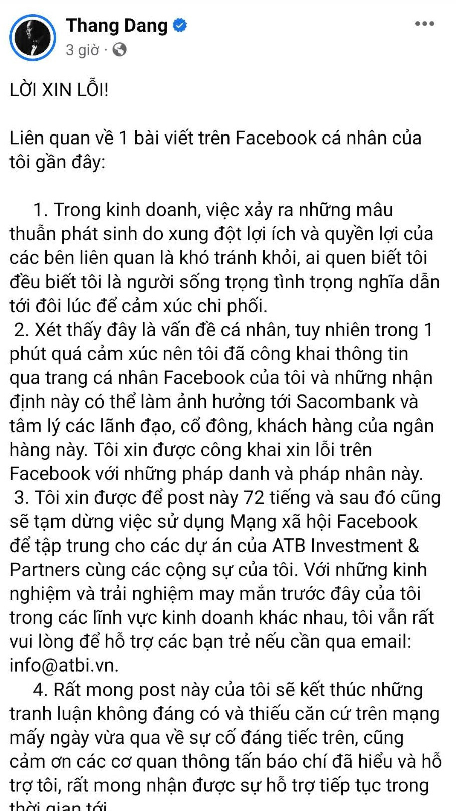 Ông Thắng xin lỗi công khai ông Dương Công Minh và Sacombank, nhưng sau đó ông đã ẩn bài đăng này. Ảnh chụp màn hình. Ông Thắng xin lỗi công khai ông Dương Công Minh và Sacombank, nhưng sau đó ông đã ẩn bài đăng này. Ảnh chụp màn hình.