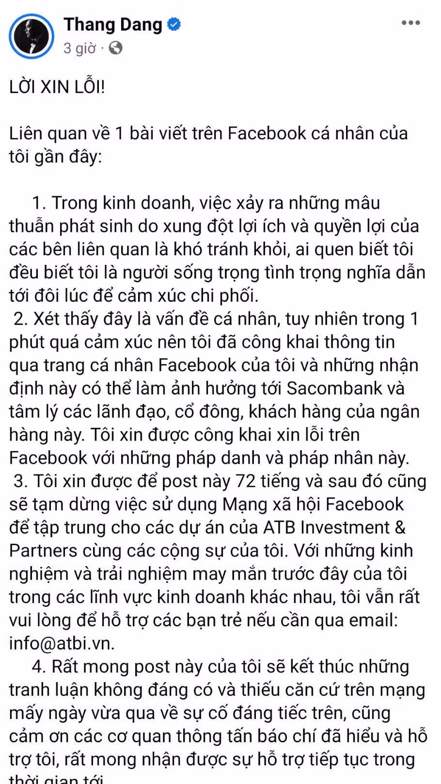 Ông Thắng xin lỗi công khai ông Dương Công Minh và Sacombank, nhưng sau đó ông đã ẩn bài đăng này. Ảnh chụp màn hình.