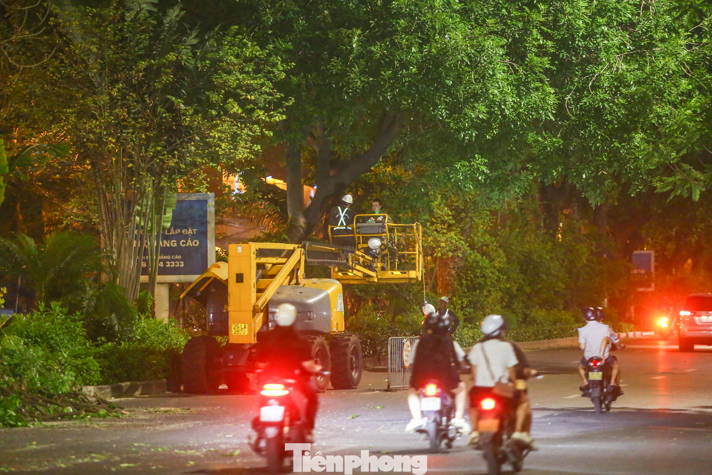 Những ngày gần đây, nhiệm vụ chăm sóc, cắt tỉa cành hàng cây xà cừ trên dải phân cách đường Láng (Hà Nội) bắt đầu từ lúc 21h, trên cả hai chiều.