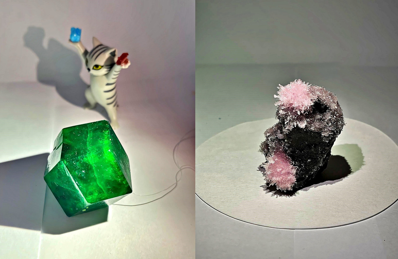 Viên tinh thể K2Na[Fe(C2O4)3].xH2O (bên trái) và tinh thể bột ngọt của Bảo Nhi.