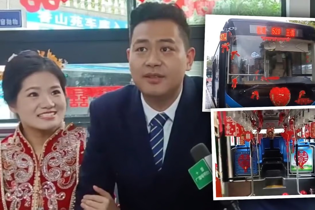 Hình ảnh trong đám cưới của vợ chồng ở Hồ Bắc trên xe buýt điện.