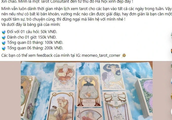 Dịch vụ bói bài tarot nở rộ trên mạng với nhiều mức giá khác nhau (Ảnh chụp màn hình).