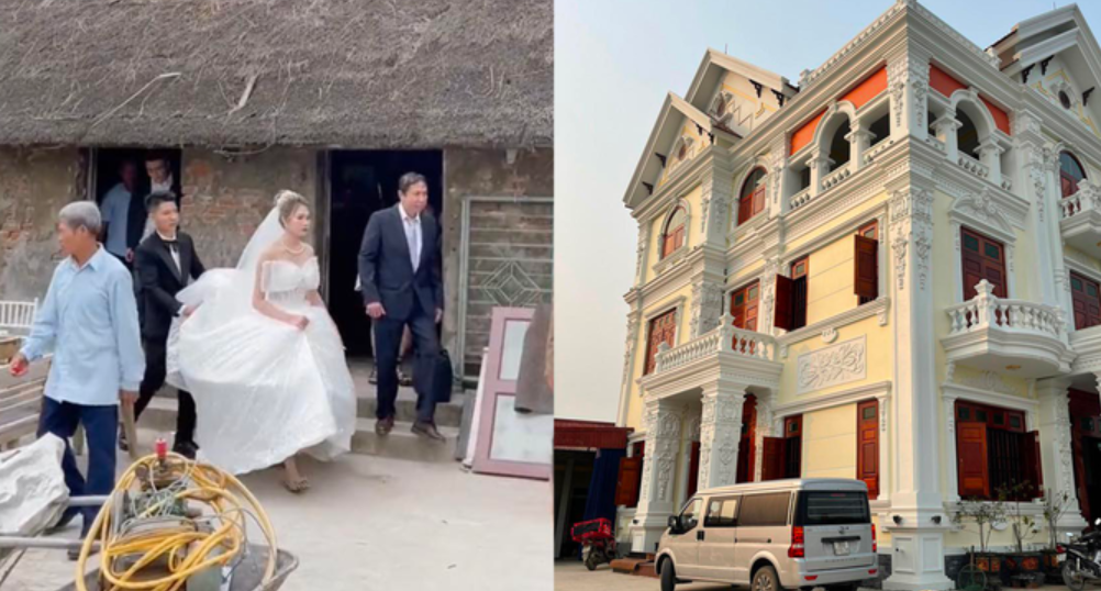 Hình ảnh cô dâu từ nhà tranh bước vào biệt thự thu hút cộng đồng mạng.