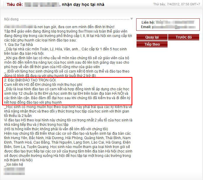 Một mẩu quảng cáo dịch vụ luyện thi trọn gói đảm bảo đỗ đại học 100% trên mạng. Ảnh: chụp lại từ màn hình