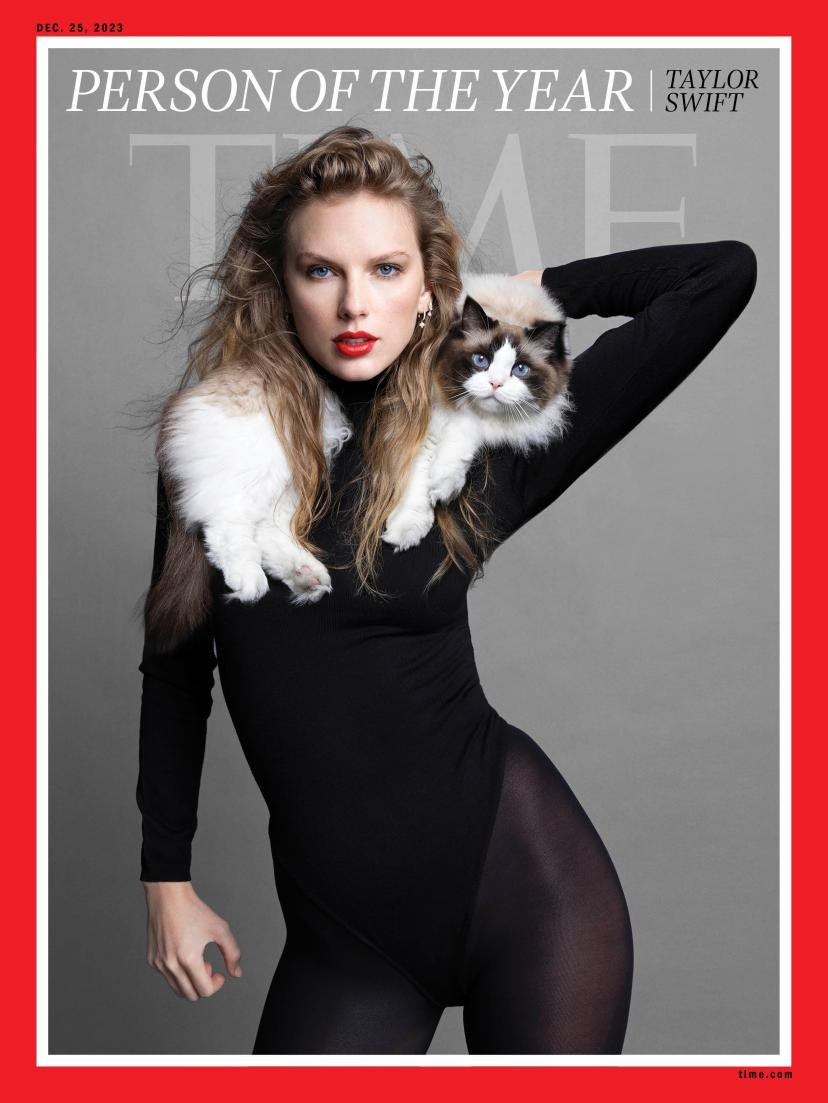 Taylor Swift mặc bodysuit, mang mèo cưng lên bìa tạp chí Time. Ảnh: Time.