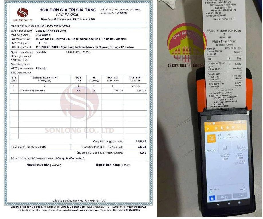 Chiếc hóa đơn giá trị gia tăng và hóa đơn được khởi tạo từ máy tính tiền cho dịch vụ đi vệ sinh được chia sẻ trên mạng xã hội. Ảnh: Facebook. Chiếc hóa đơn giá trị gia tăng và hóa đơn được khởi tạo từ máy tính tiền cho dịch vụ đi vệ sinh được chia sẻ trên mạng xã hội. Ảnh: Facebook.