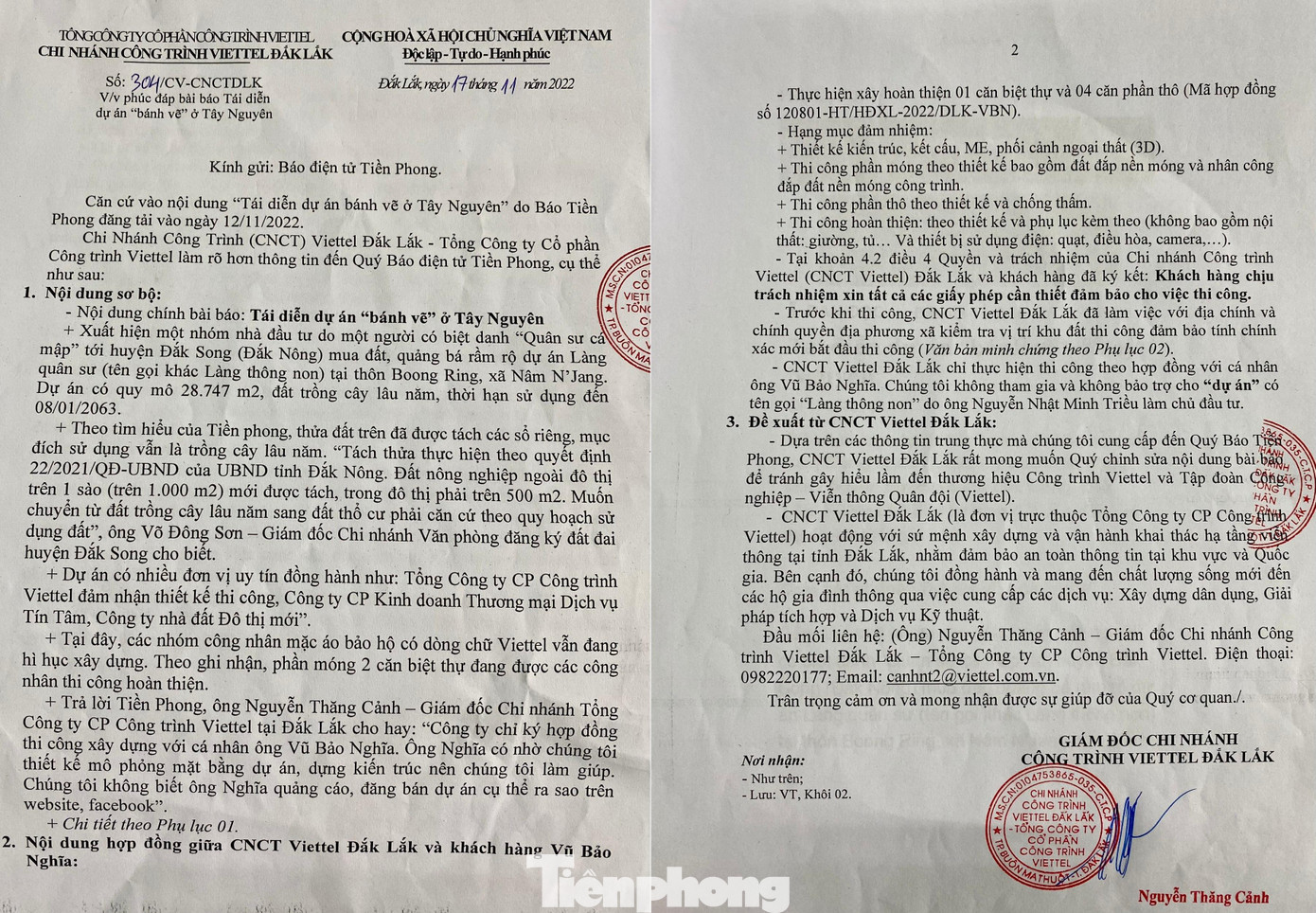 Công văn phúc đáp của Viettel Đắk lắk gửi Tiền Phong