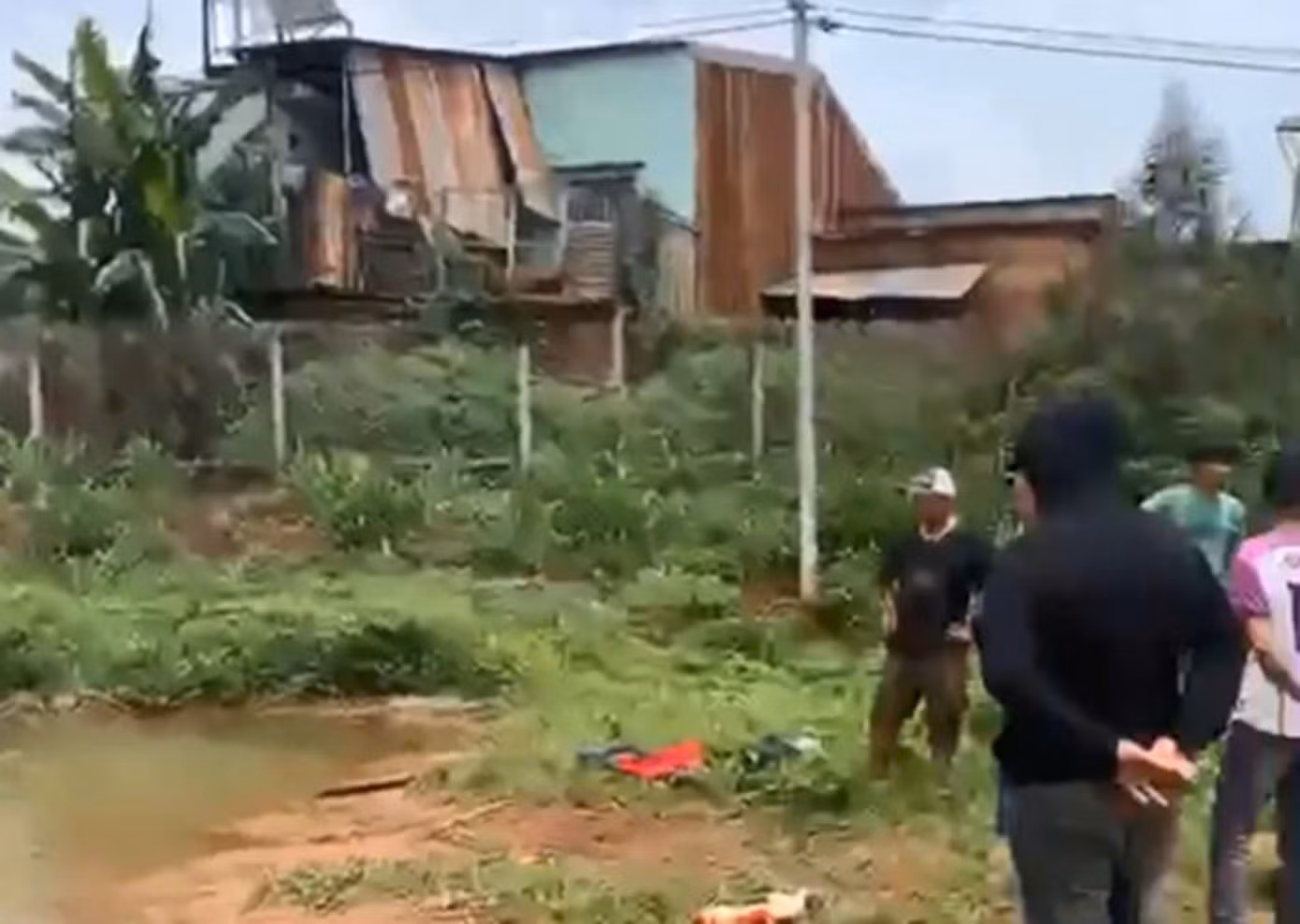 Người dân tham gia tìm kiếm hai cháu bé. Ảnh cắt từ clip