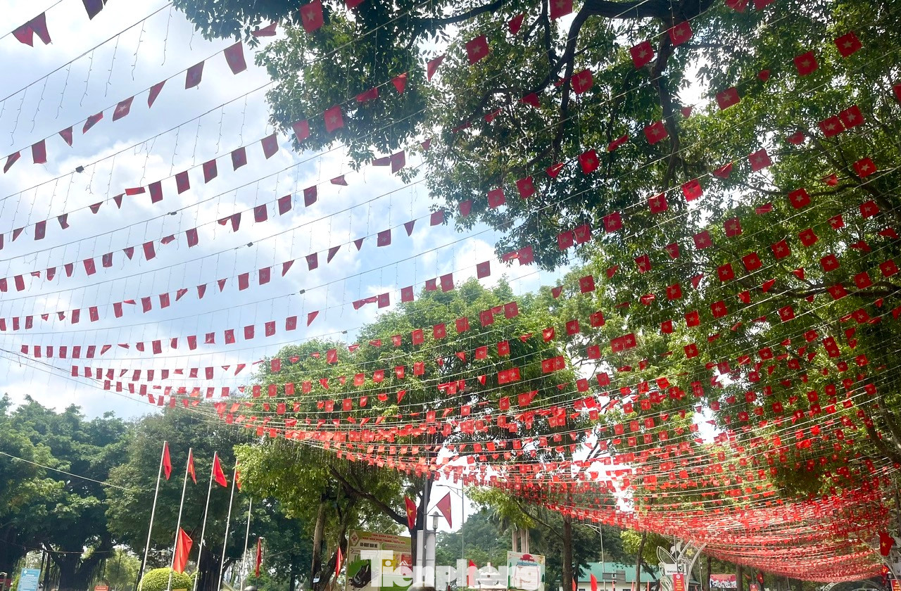 Sắc cờ đỏ sao vàng tung bay trên nền trời xanh tạo nên khung cảnh thiêng liêng, tự hào.