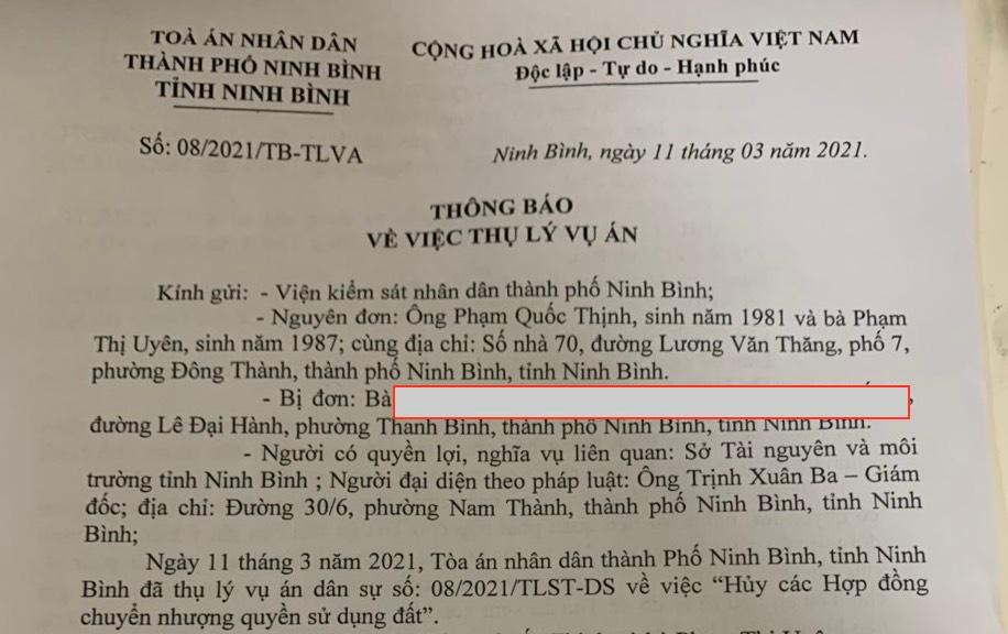Văn bản thụ lý vụ án của Toà án nhân dân TP Ninh Bình. Văn bản thụ lý vụ án của Toà án nhân dân TP Ninh Bình.