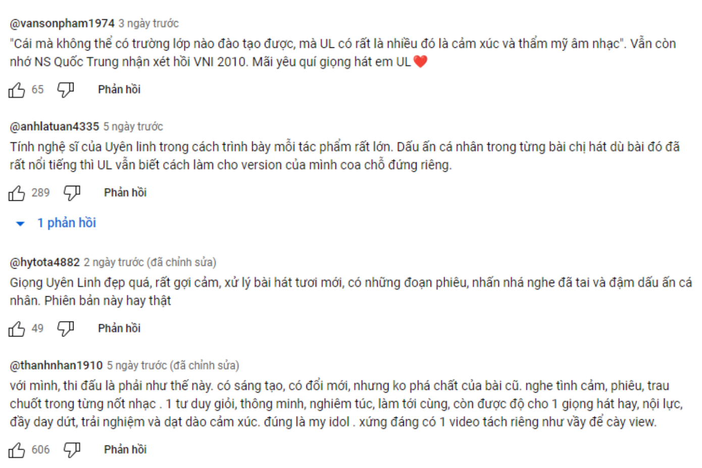 Nhiều người hâm mộ thể hiện sự yêu quý dành cho giọng ca của Uyên Linh. Nhiều người hâm mộ thể hiện sự yêu quý dành cho giọng ca của Uyên Linh.