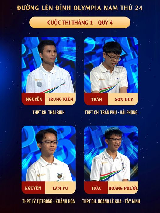 Bốn thí sinh sẽ tranh tài tại cuộc thi Tháng. Nguồn: Fanpage Đường Lên Đỉnh Olympia. Bốn thí sinh sẽ tranh tài tại cuộc thi Tháng. Nguồn: Fanpage Đường Lên Đỉnh Olympia.