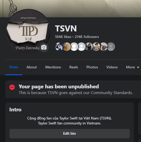 TSVN từng bị facebook khóa trang với lý do vi phạm chính sách. TSVN từng bị facebook khóa trang với lý do vi phạm chính sách.