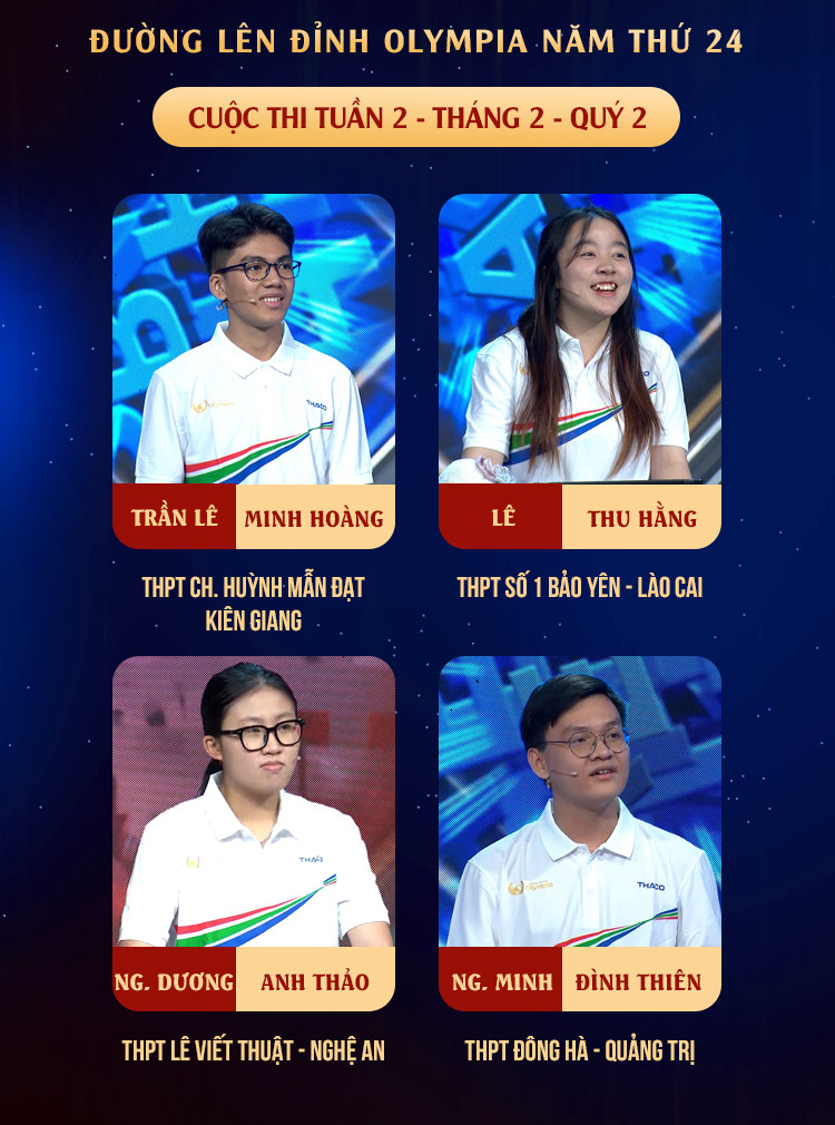 Bốn gương mặt đầy hứa hẹn của cuộc thi tuần này. Nguồn: Fanpage Đường Lên Đỉnh Olympia Bốn gương mặt đầy hứa hẹn của cuộc thi tuần này. Nguồn: Fanpage Đường Lên Đỉnh Olympia