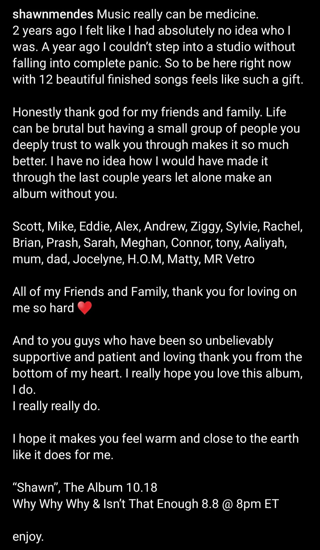 Toàn bộ bài chia sẻ của Shawn Mendes trên Instagram cá nhân.