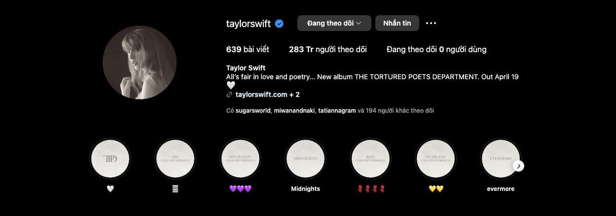 Taylor Swift có sự tăng trưởng đáng kể về lượng followers nhờ vào The Eras Tour. Taylor Swift có sự tăng trưởng đáng kể về lượng followers nhờ vào The Eras Tour.