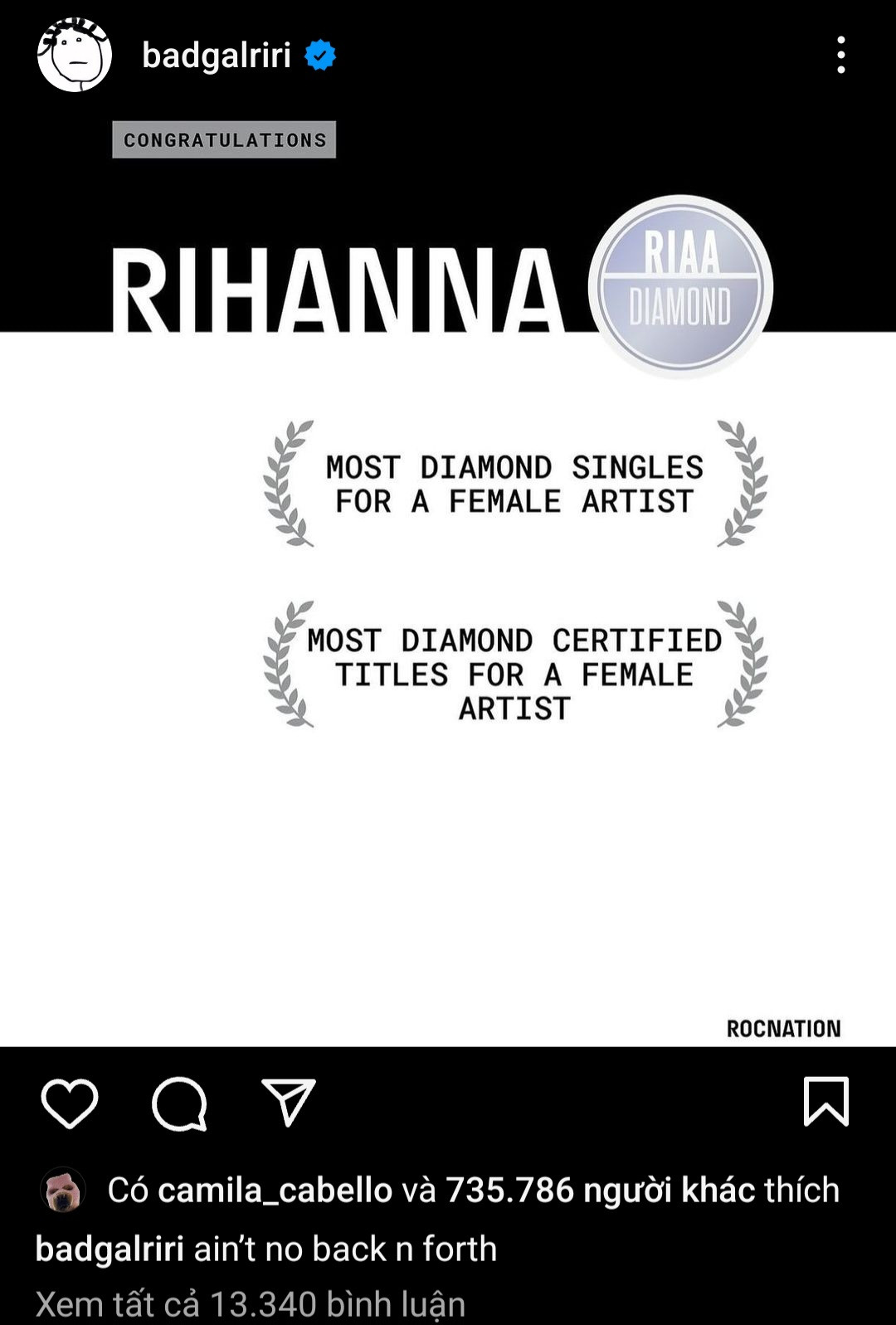 Bài đăng ăn mừng kỷ lục của Rihanna trên Instagram cá nhân. Bài đăng ăn mừng kỷ lục của Rihanna trên Instagram cá nhân.