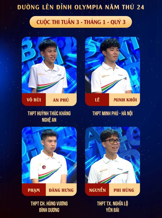 Lộ diện 4 thí sinh của cuộc thi tuần này. Nguồn: Fanpage Đường Lên Đỉnh Olympia Lộ diện 4 thí sinh của cuộc thi tuần này. Nguồn: Fanpage Đường Lên Đỉnh Olympia