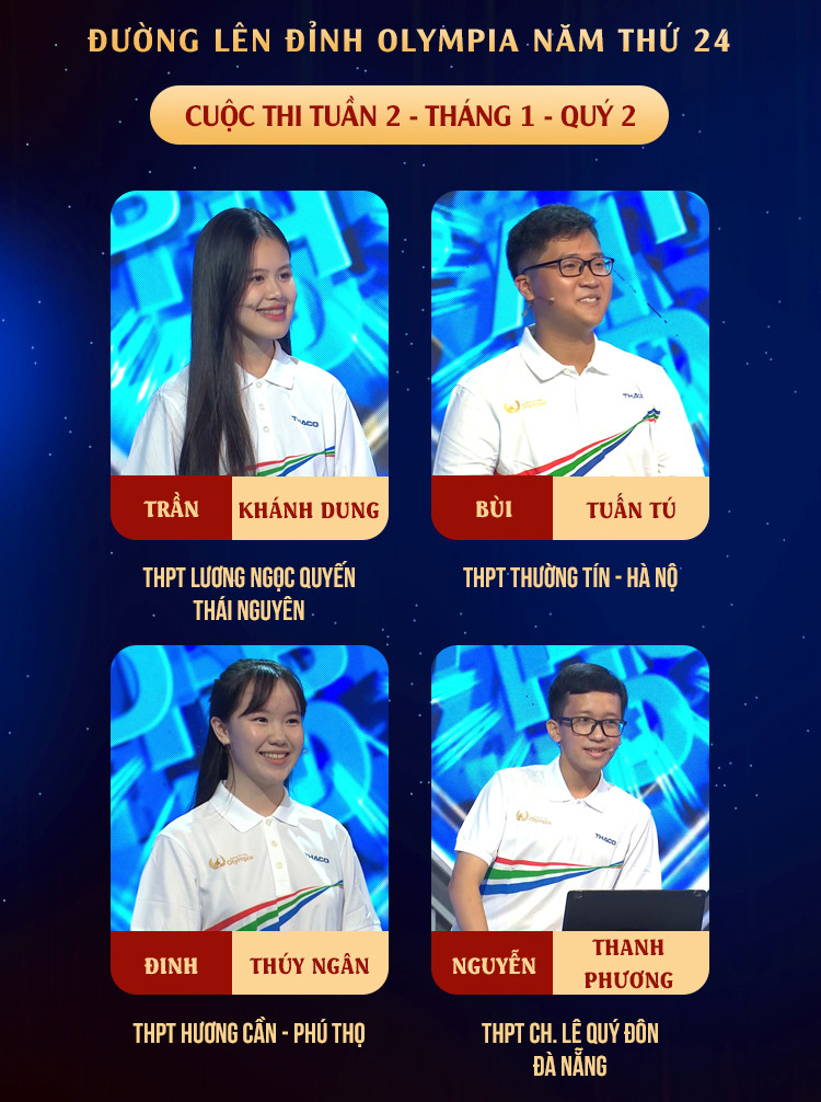 Dàn nam thanh nữ tú lên sóng trong cuộc thi tuần này. Nguồn: Đường Lên Đỉnh Olympia Dàn nam thanh nữ tú lên sóng trong cuộc thi tuần này. Nguồn: Đường Lên Đỉnh Olympia