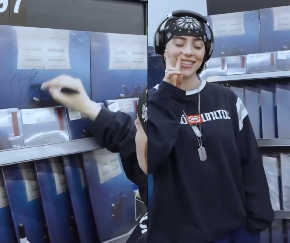 Billie Eilish ký tên lên những album bất kỳ trong cửa hàng. Billie Eilish ký tên lên những album bất kỳ trong cửa hàng.