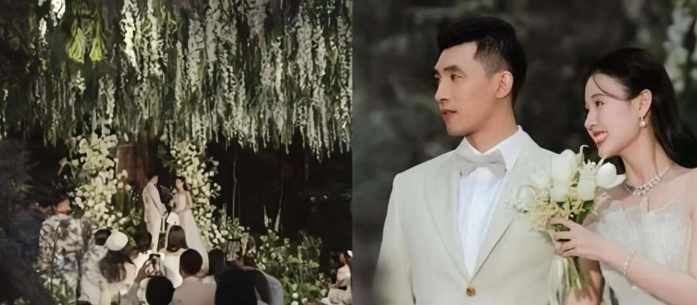 Không gian tiệc cưới của Midu ngập tràn hoa tươi, có màu xanh và trắng làm chủ đạo.