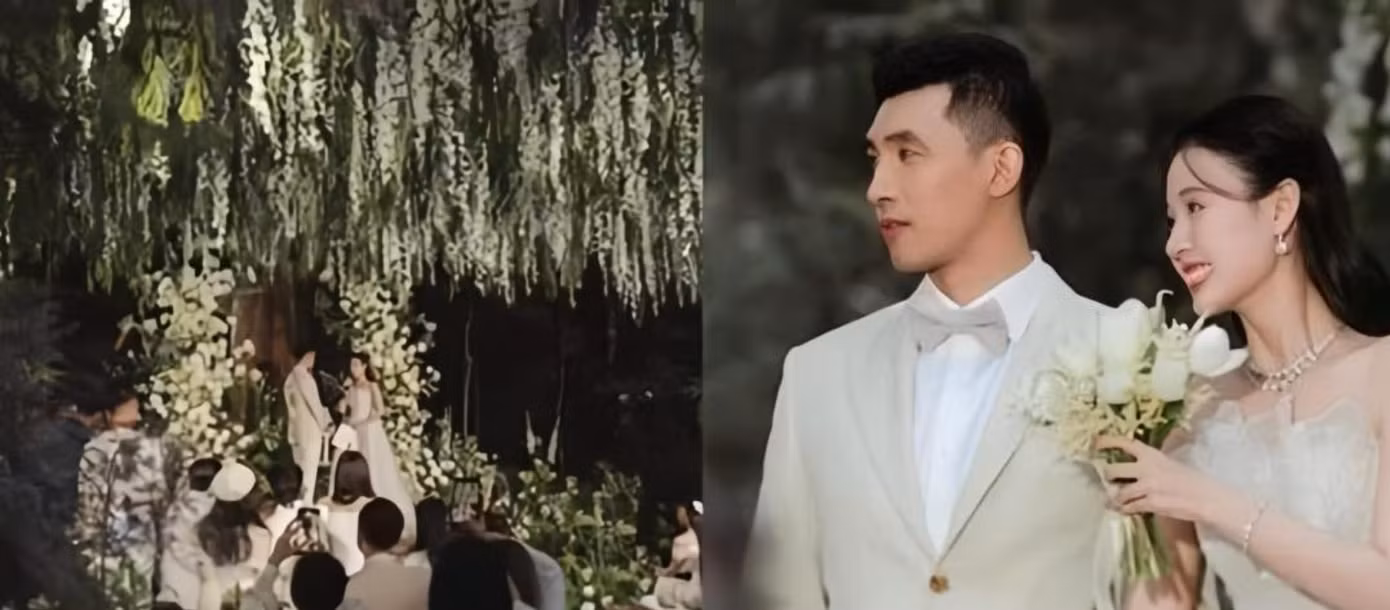 Không gian tiệc cưới của Midu ngập tràn hoa tươi, có màu xanh và trắng làm chủ đạo.