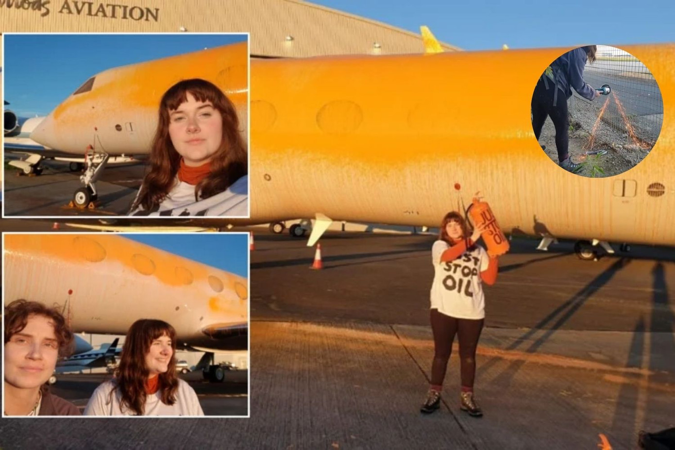 Hai nhà hoạt động môi trường phun sơn vào máy bay.