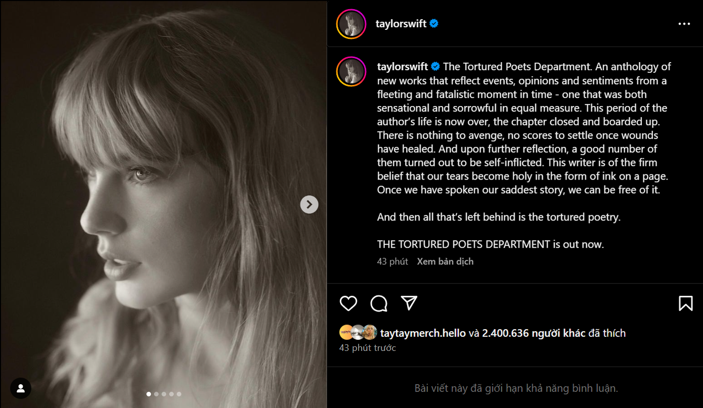 Bài chia sẻ của Taylor Swift trên Instagram. Bài chia sẻ của Taylor Swift trên Instagram.