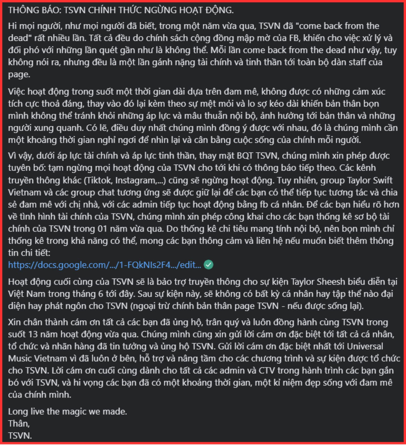 Bài đăng của fanpage TSVN đang gây xôn xao trong cộng đồng Swifties. Bài đăng của fanpage TSVN đang gây xôn xao trong cộng đồng Swifties.