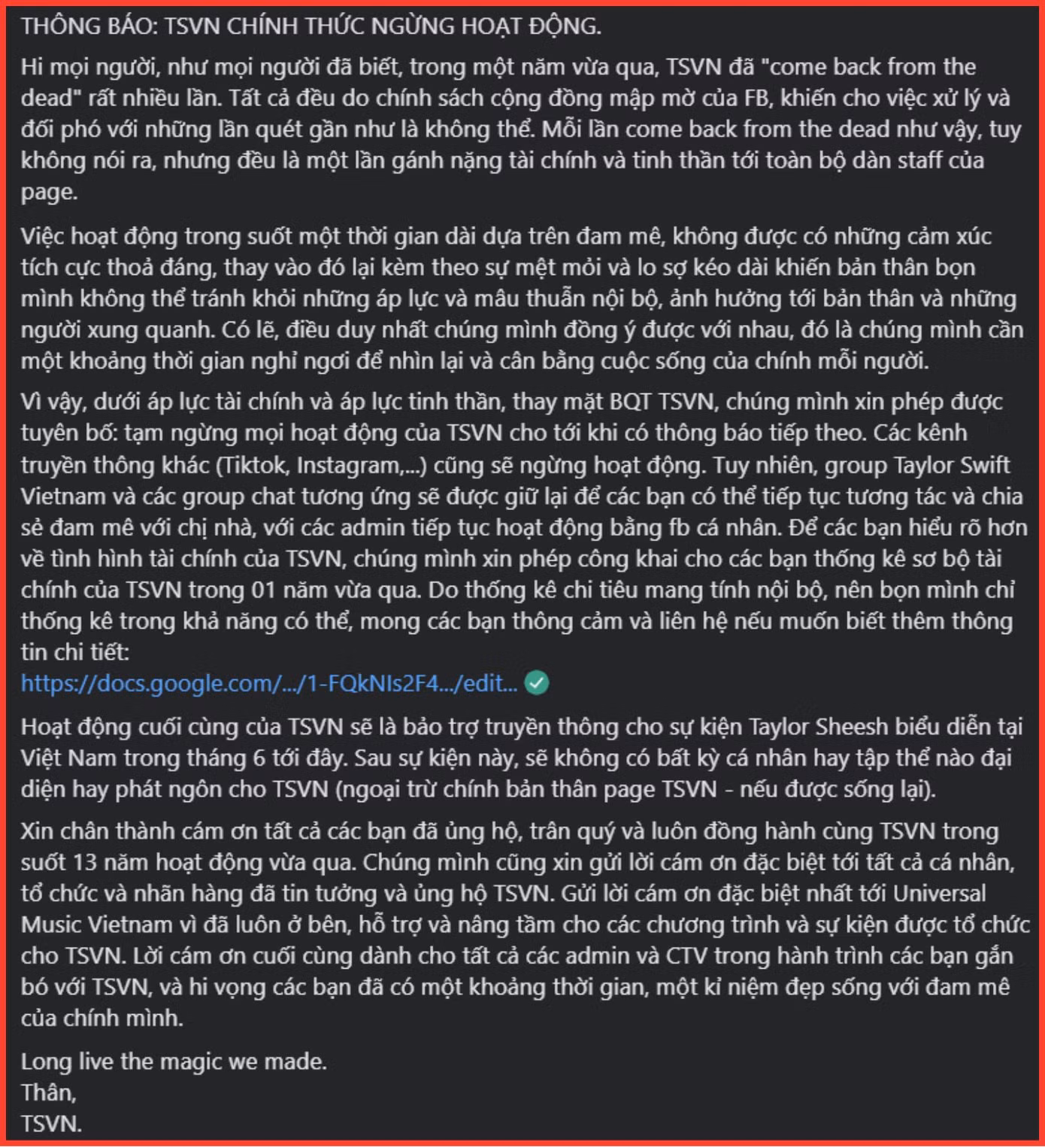 Bài đăng của fanpage TSVN đang gây xôn xao trong cộng đồng Swifties.