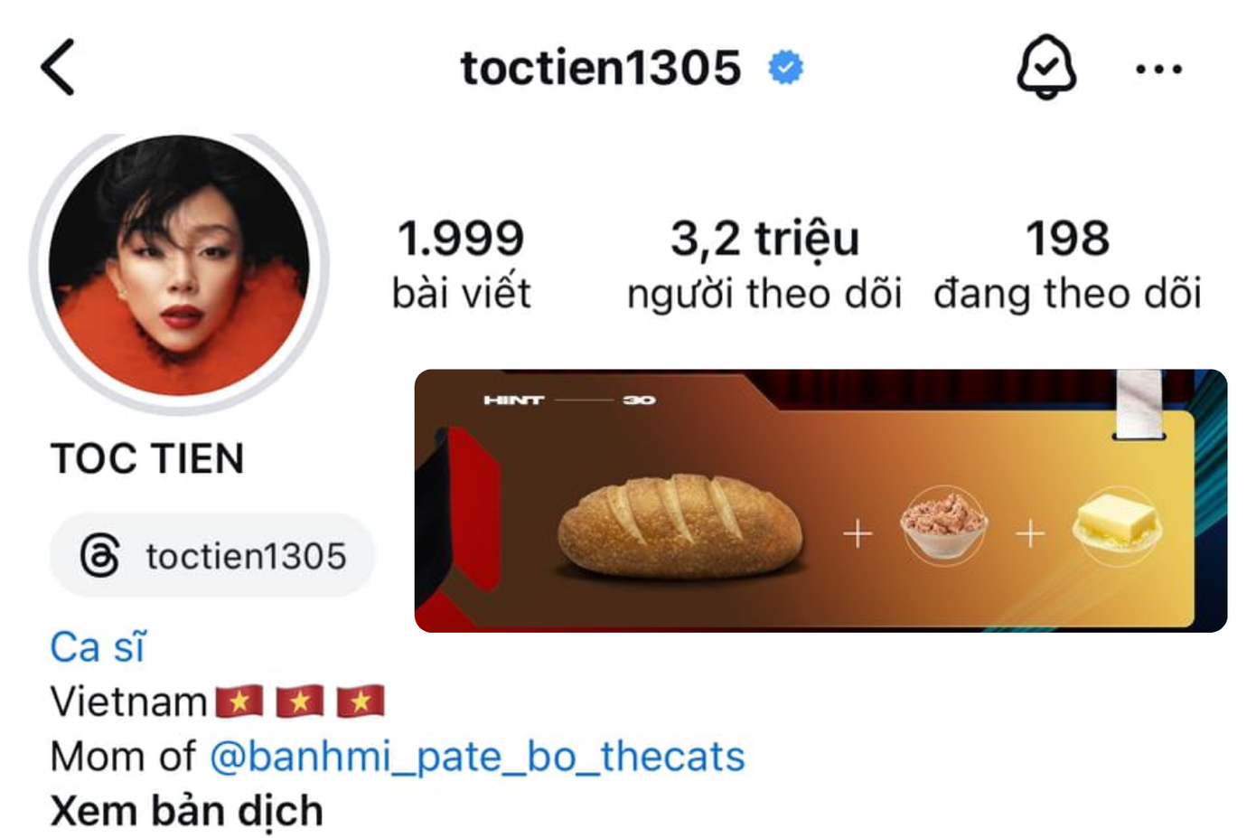 Netizen dự đoán là tên 3 chú mèo của nữ ca sĩ Tóc Tiên. Netizen dự đoán là tên 3 chú mèo của nữ ca sĩ Tóc Tiên.