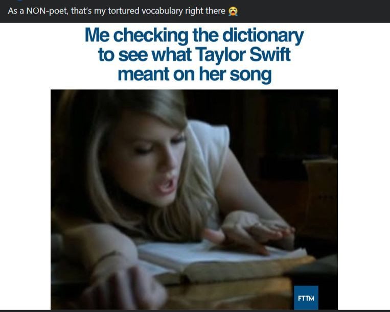 Dù tiếng Anh là tiếng mẹ đẻ thì vẫn phải tra từ điển khi nghe album mới của Taylor Swift. Dù tiếng Anh là tiếng mẹ đẻ thì vẫn phải tra từ điển khi nghe album mới của Taylor Swift.